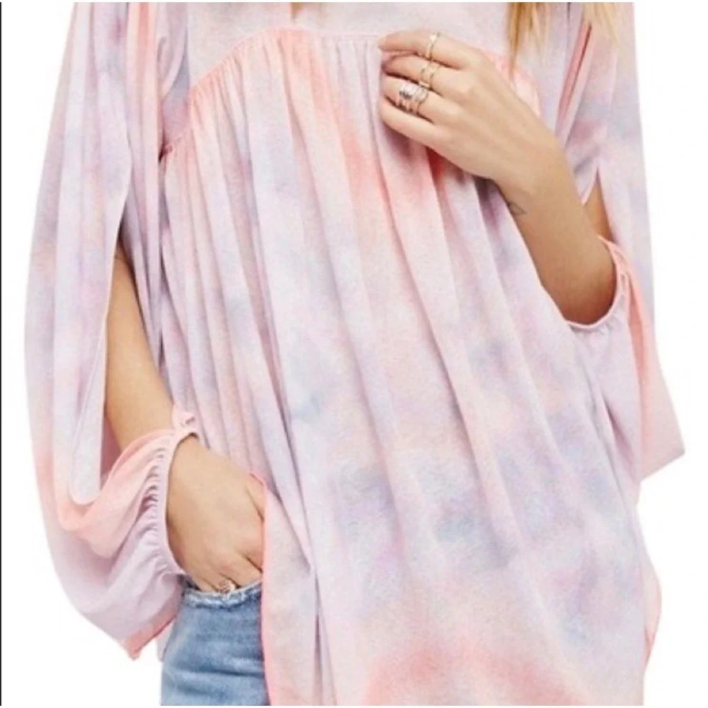 Free People Cold Shoulder Tunic Women XS Pink Tie Dye Boho Long Sleeve Top